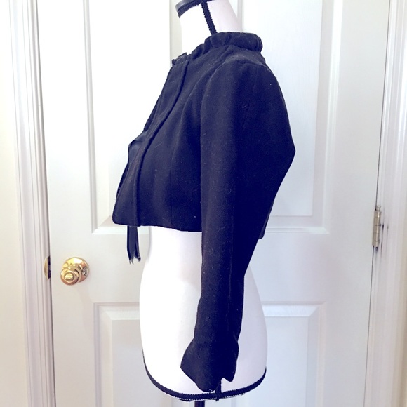 Last kiss wool bolero crop jacket coat blazer bow ribbon tie ruffle collar black - Picture 3 of 11